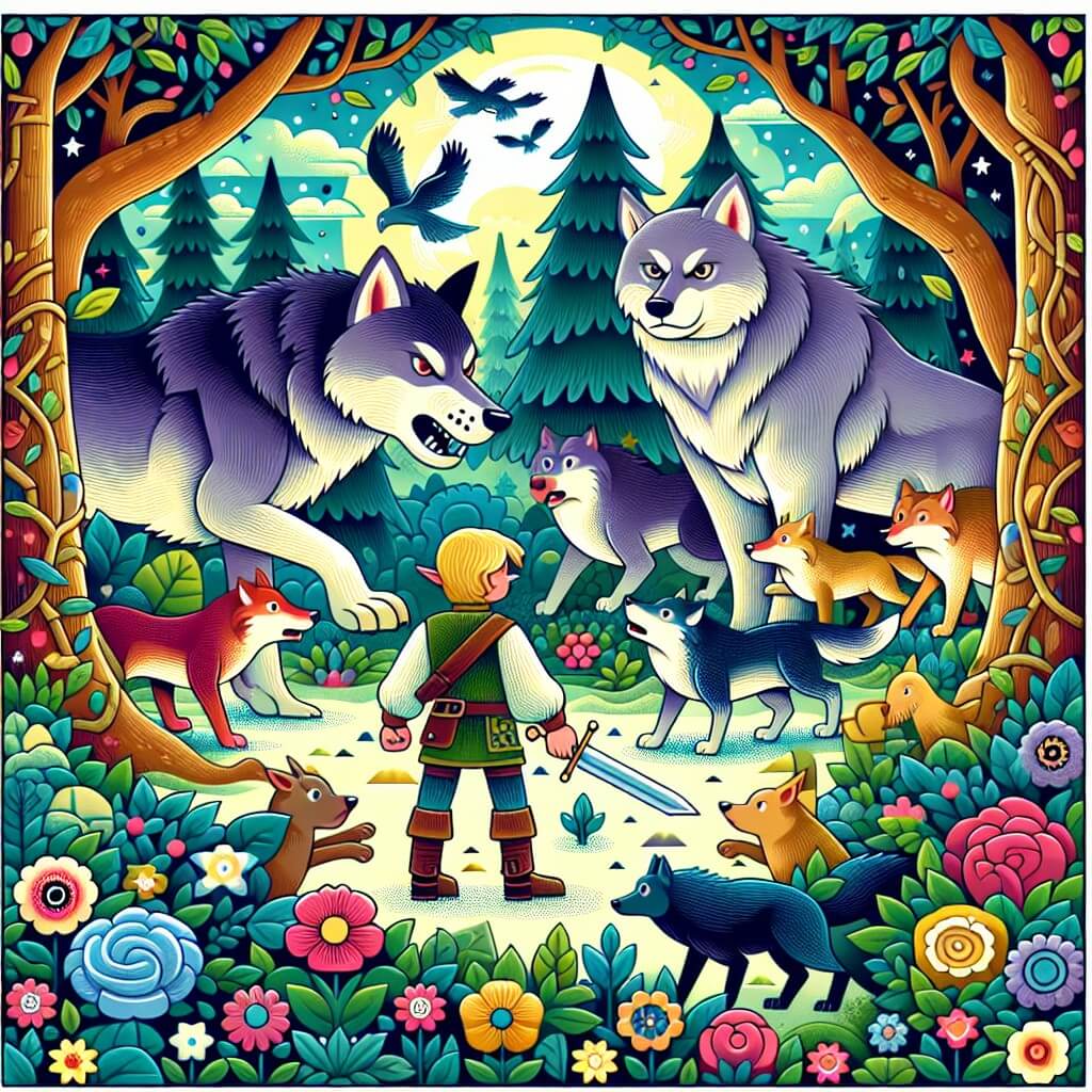 Une illustration destinée aux enfants représentant un lutin courageux qui se retrouve face à une meute de loups féroces dans une forêt enchantée avec des arbres majestueux, des fleurs multicolores et des animaux curieux.