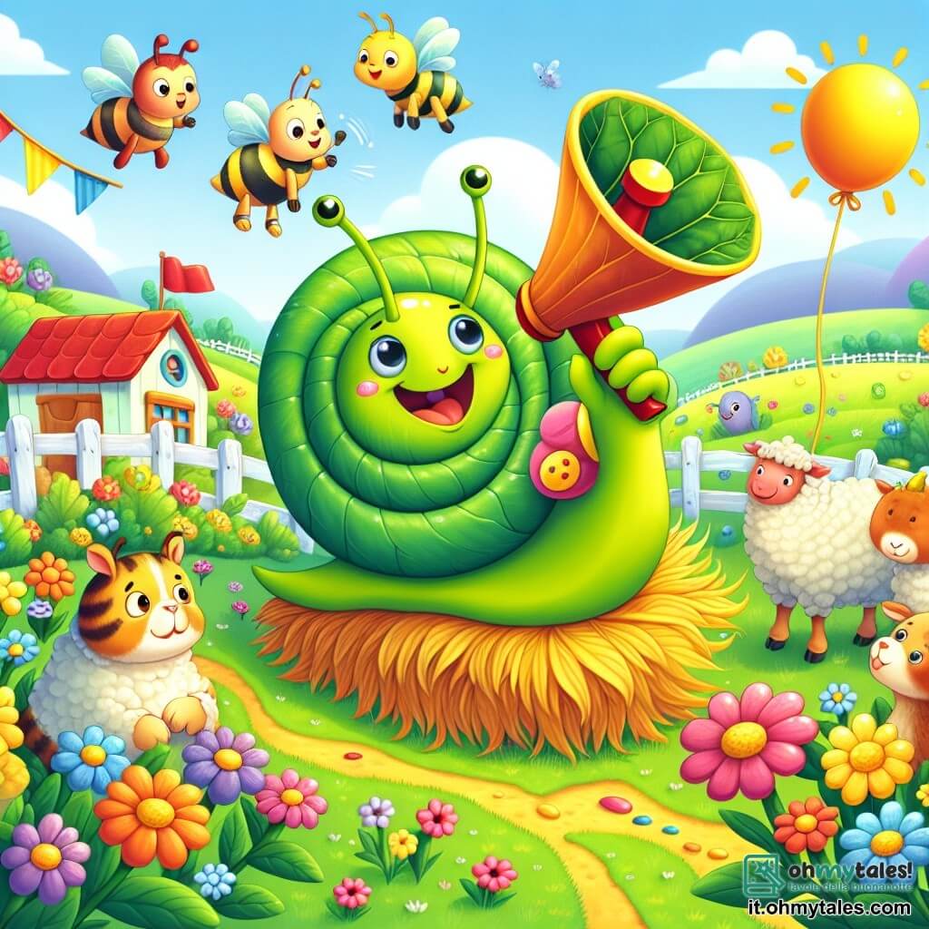 Illustrazione che rappresenta una scena gioiosa in una piccola fattoria soleggiata, circondata da campi verdi e fiori colorati. Al centro, una lumaca con una conchiglia a strisce dai colori vivaci, un volto sorridente e occhi scintillanti, sta brandendo un megafono fatto di foglie, annunciando una grande festa. Accanto a lei, un uccello vivace con piumaggio brillante che batte le ali con entusiasmo, e un gatto dai peli morbidi e maculati, che si stiracchia pigramente mentre ascolta attentamente. Sullo sfondo, altri animali della fattoria, come galline e pecore, si avvicinano curiosi, impazienti di partecipare alla festa. Palloncini colorati fluttuano nell'aria e ghirlande di fiori decorano il luogo, creando un'atmosfera festosa e gioiosa.