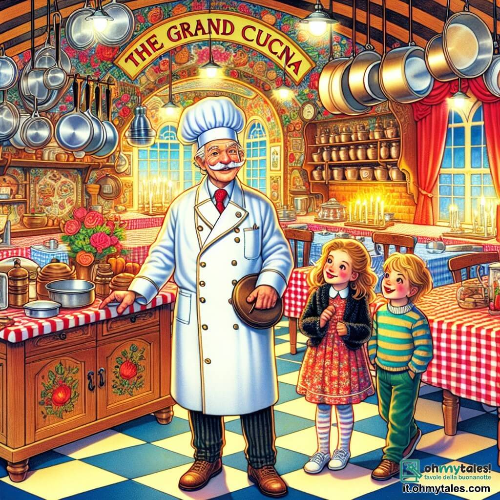 Une illustration destinée aux enfants représentant un chef cuisinier homme renommé, accompagné de deux enfants curieux, une fille et un garçon, explorant une cuisine colorée et chaleureuse appelée "La Grande Cucina" avec des casseroles et des ustensiles brillants accrochés aux murs, des arômes délicieux flottant dans l'air et des tables joliment décorées avec des nappes à carreaux et des bougies scintillantes.