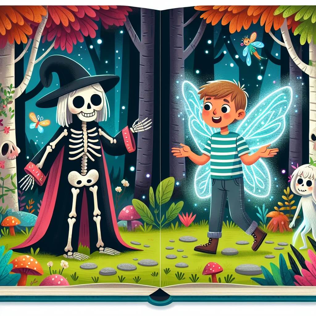 Une illustration destinée aux enfants représentant un jeune garçon déguisé en squelette, se retrouvant par accident dans un monde magique après avoir accepté un mystérieux sortilège d'une vieille sorcière, accompagné d'une fée lumineuse, dans un bois enchanté rempli d'arbres colorés et de créatures magiques.