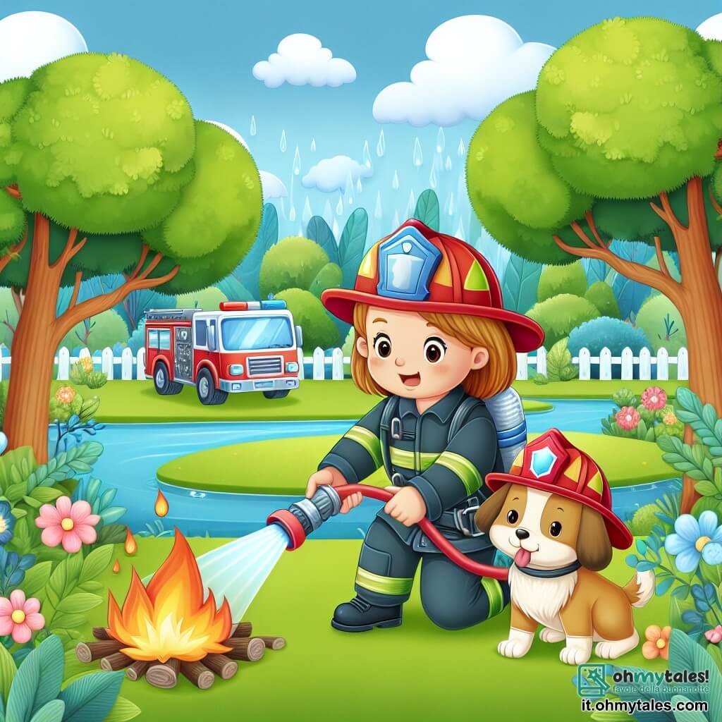 Une illustration destinée aux enfants représentant une femme pompière courageuse, luttant contre un incendie dans un magnifique parc verdoyant, avec un adorable chien pompier à ses côtés, prêt à l'aider.