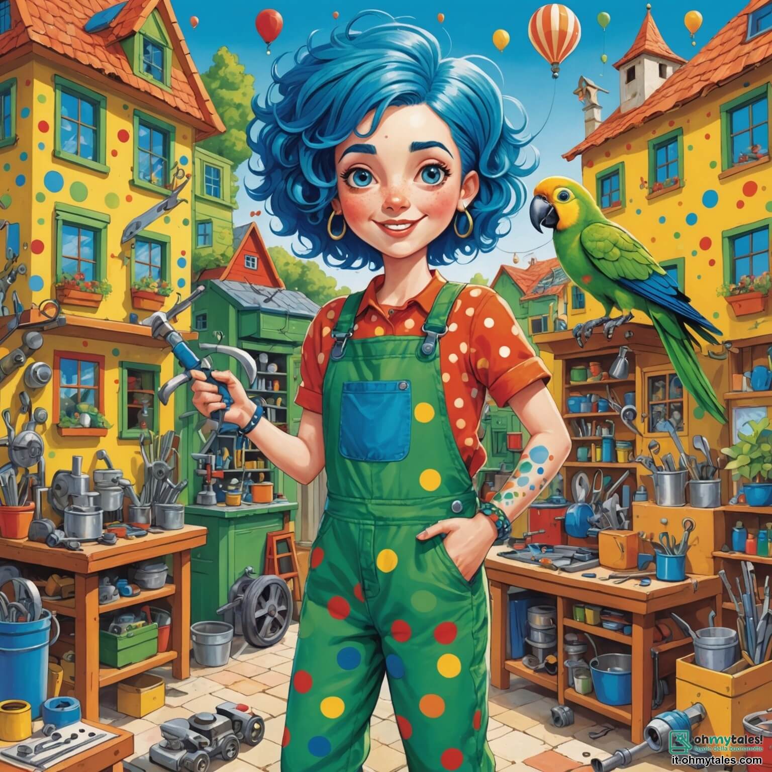 Une illustration destinée aux enfants représentant une femme aux cheveux bleu éclatant, vêtue d'une combinaison à pois colorés, qui se débat joyeusement dans son atelier fou rempli d'outils brillants, de machines hurlantes et d'inventions étranges, tandis qu'un pappagallo vert pétillant, son fidèle compagnon à plumes, virevolte autour d'elle, le tout se déroulant dans un village enjoué aux maisons colorées aux toits en tuiles, où les arbres dansent au rythme d'une brise légère et les fleurs chantent des mélodies joyeuses.