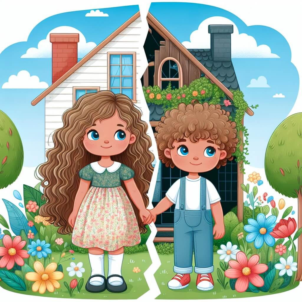 Une illustration destinée aux enfants représentant une petite fille aux cheveux bouclés, se tenant devant une maison brisée en deux, avec une amie à ses côtés, dans un jardin fleuri avec des arbres verdoyants et un magnifique ciel bleu.