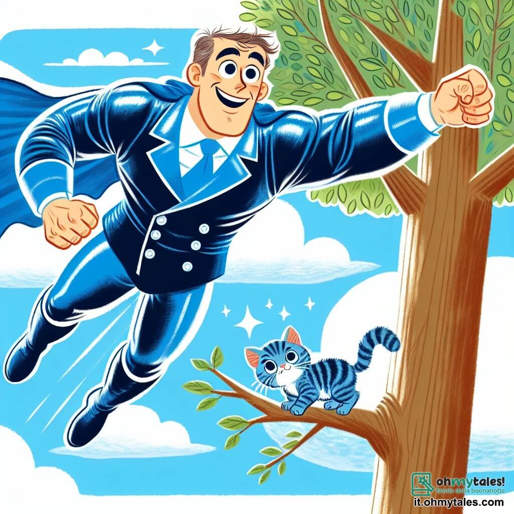 Une illustration sous forme de dessin destinée aux enfants représentant un ciel bleu éclatant avec des nuages moelleux, où un homme grand et musclé, vêtu d'un manteau bleu brillant et d'un sourire éclatant, vole joyeusement en direction d'un arbre, tandis qu'un petit gattino tigré, aux yeux écarquillés, est perché sur une branche, regardant l'homme avec espoir, illustrant le moment où le super-héros s'apprête à sauver le gattino en difficulté.
