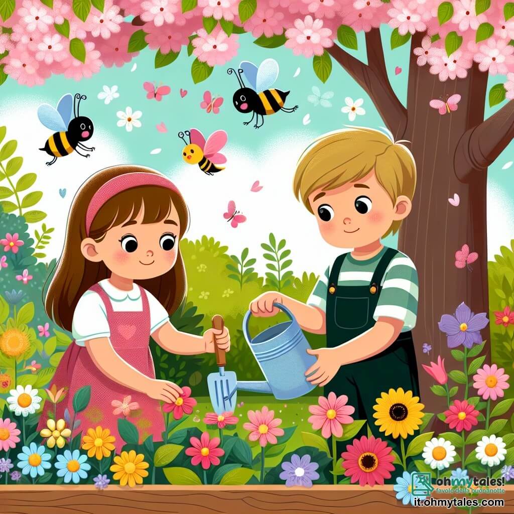 Une illustration destinée aux enfants représentant une petite fille curieuse et un garçon plus âgé, plantant des fleurs colorées dans un jardin secret rempli de papillons et d'abeilles, sous l'ombre bienveillante d'un grand arbre de cerisiers.