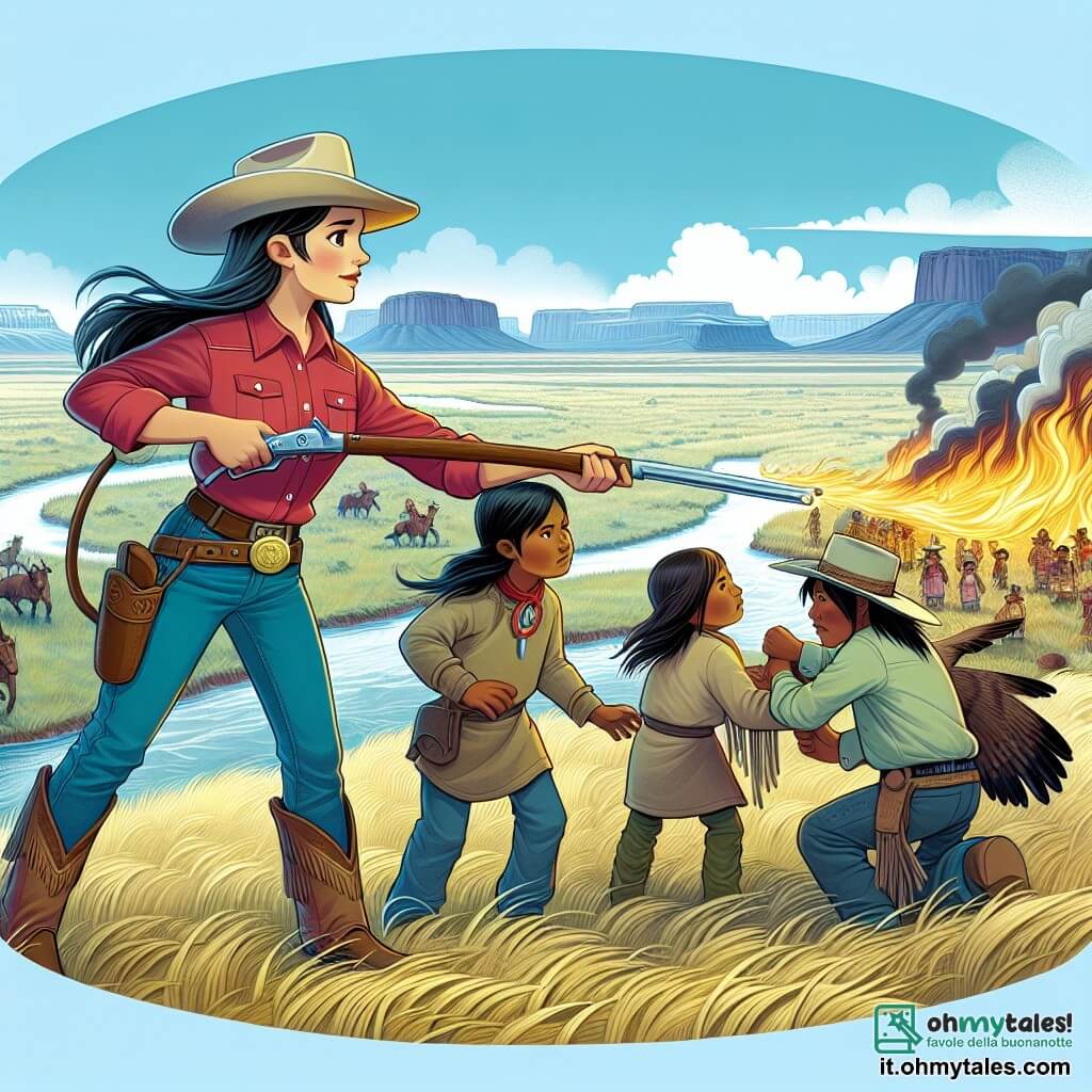 Une illustration destinée aux enfants représentant une jeune cowgirl courageuse, aidant un groupe d'indigènes navajo à éteindre un incendie menaçant leur village, dans un décor de prairie vaste et sauvage, avec des montagnes en arrière-plan et un ciel bleu azur.