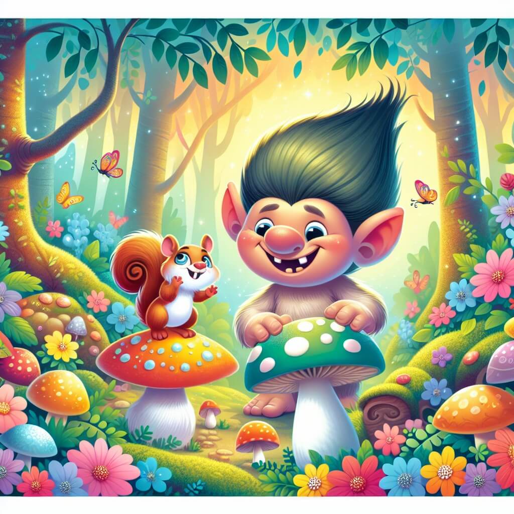 Une illustration destinée aux enfants représentant un troll farceur et espiègle, accompagné d'un adorable écureuil, dans un paisible jardin enchanté rempli de fleurs multicolores et de champignons lumineux, situé au cœur d'une forêt enchantée.