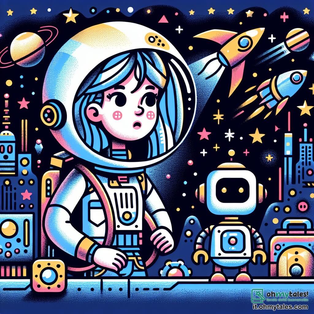 Une illustration destinée aux enfants représentant une jeune femme courageuse se préparant pour un voyage interstellaire, accompagnée d'un petit robot curieux, dans une ville galactique scintillante de lumières néon et de véhicules volants, où les étoiles brillent dans le ciel sombre.