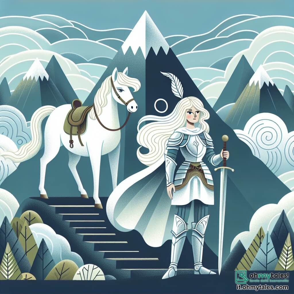 Une illustration destinée aux enfants représentant une chevalière courageuse se tenant devant une montagne escarpée, accompagnée de sa fidèle cavalla blanche, prête à affronter les épreuves de la Terra Incognita, un royaume mystérieux et envoûtant où les secrets magiques se cachent derrière des vallées brumeuses et des forêts enchantées.
