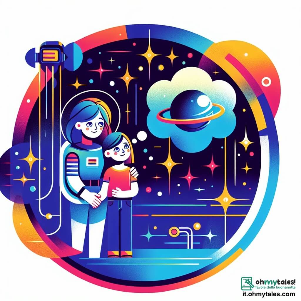 Une illustration destinée aux enfants représentant une jeune astronaute femme, rêvant de voyager dans l'espace, accompagnée par sa maman bienveillante, dans une station spatiale futuriste aux couleurs vives, avec des étoiles scintillantes en arrière-plan.