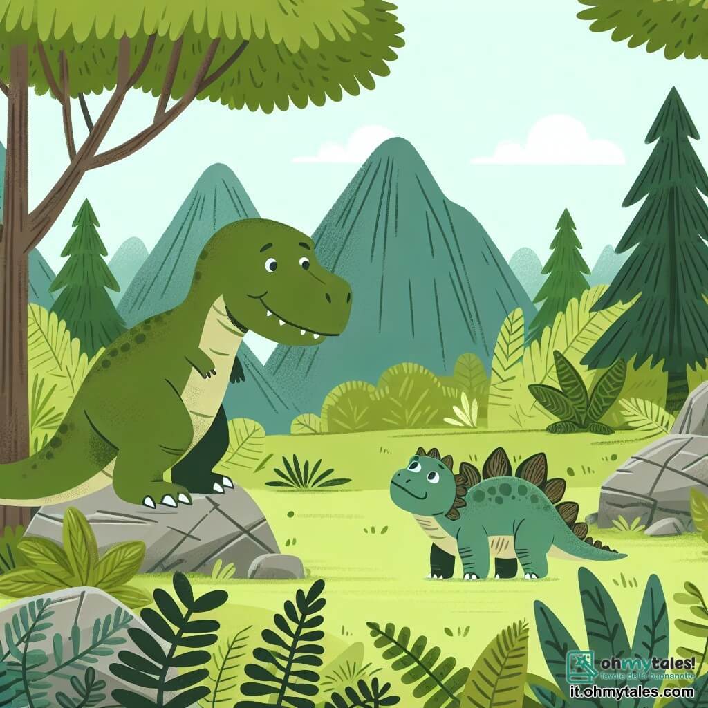 Une illustration destinée aux enfants représentant un jeune Tyrannosaure Rex, garçon, se sentant seul dans la vallée des géants, jusqu'à ce qu'il rencontre un stégosaure, fille, au milieu d'une forêt luxuriante de fougères géantes et de rochers millénaires.