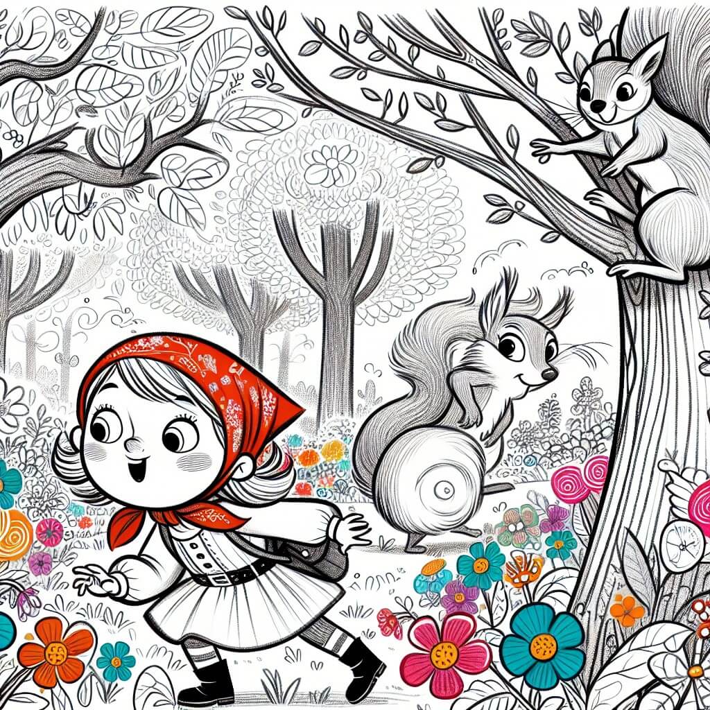 Une illustration destinée aux enfants représentant une jeune fille intrépide, se retrouvant dans une situation loufoque, accompagnée d'un écureuil malicieux, dans un parc enchanté rempli de fleurs multicolores et d'arbres aux branches dansantes.