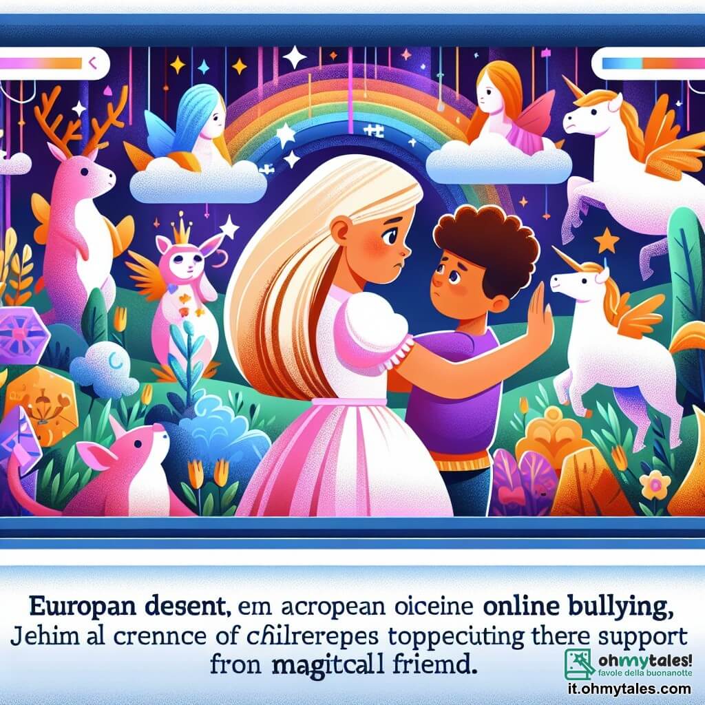 Une illustration destinée aux enfants représentant une fillette confrontée au harcèlement en ligne, soutenue par son fidèle ami garçon, dans un monde virtuel coloré et fantastique peuplé de créatures magiques.