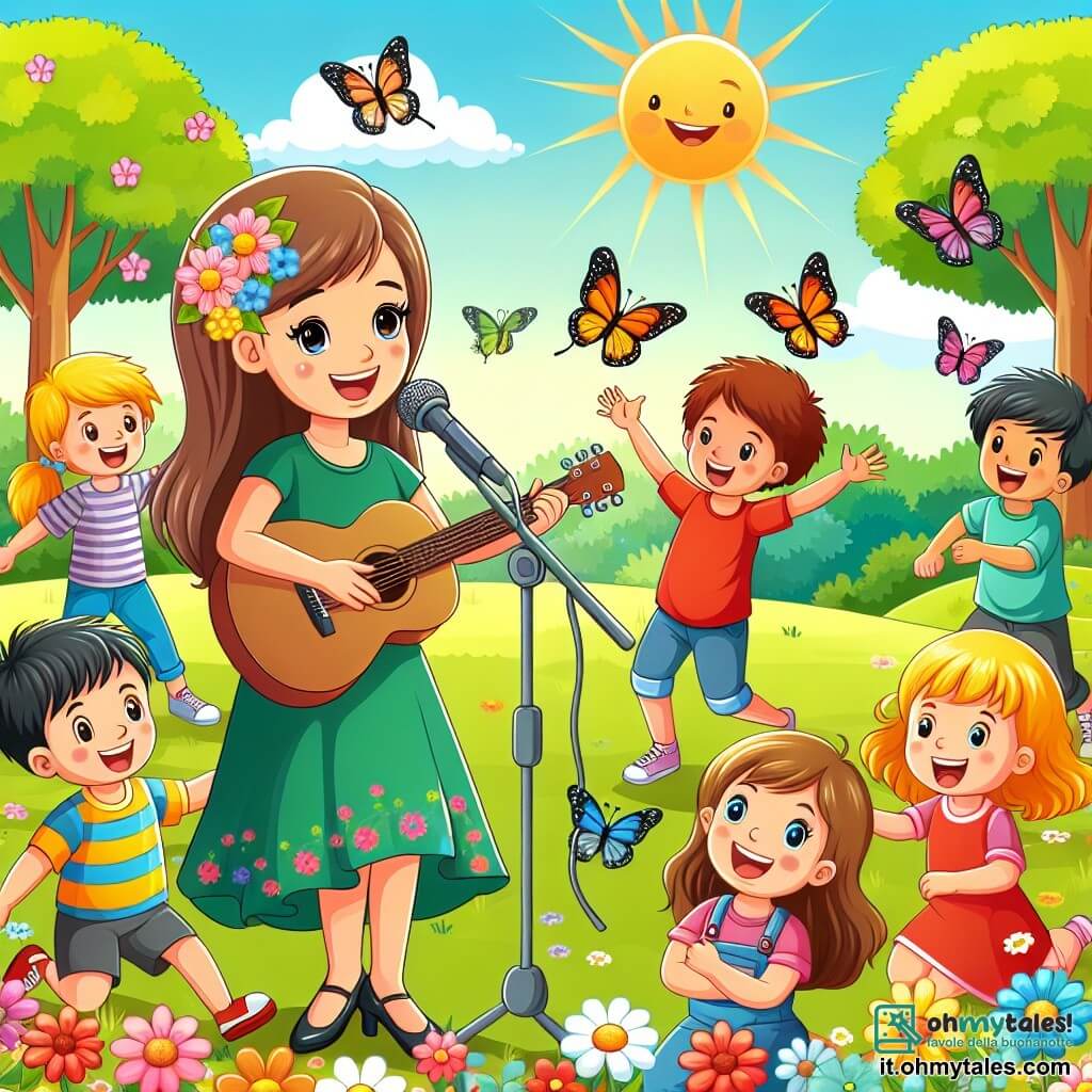 Une illustration destinée aux enfants représentant une femme chanteuse et musicienne, accompagnée de jeunes enfants joyeux, dans un parc ensoleillé avec des arbres colorés, des fleurs et des papillons virevoltant autour d'eux.