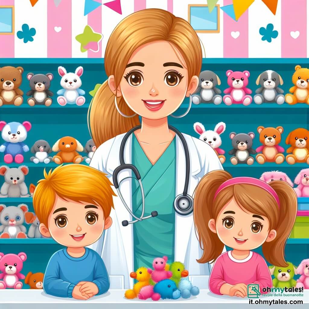 Une illustration destinée aux enfants représentant une jeune vétérinaire femme, entourée de deux enfants, un garçon et une fille, dans un studio vétérinaire coloré et plein de peluches animales.