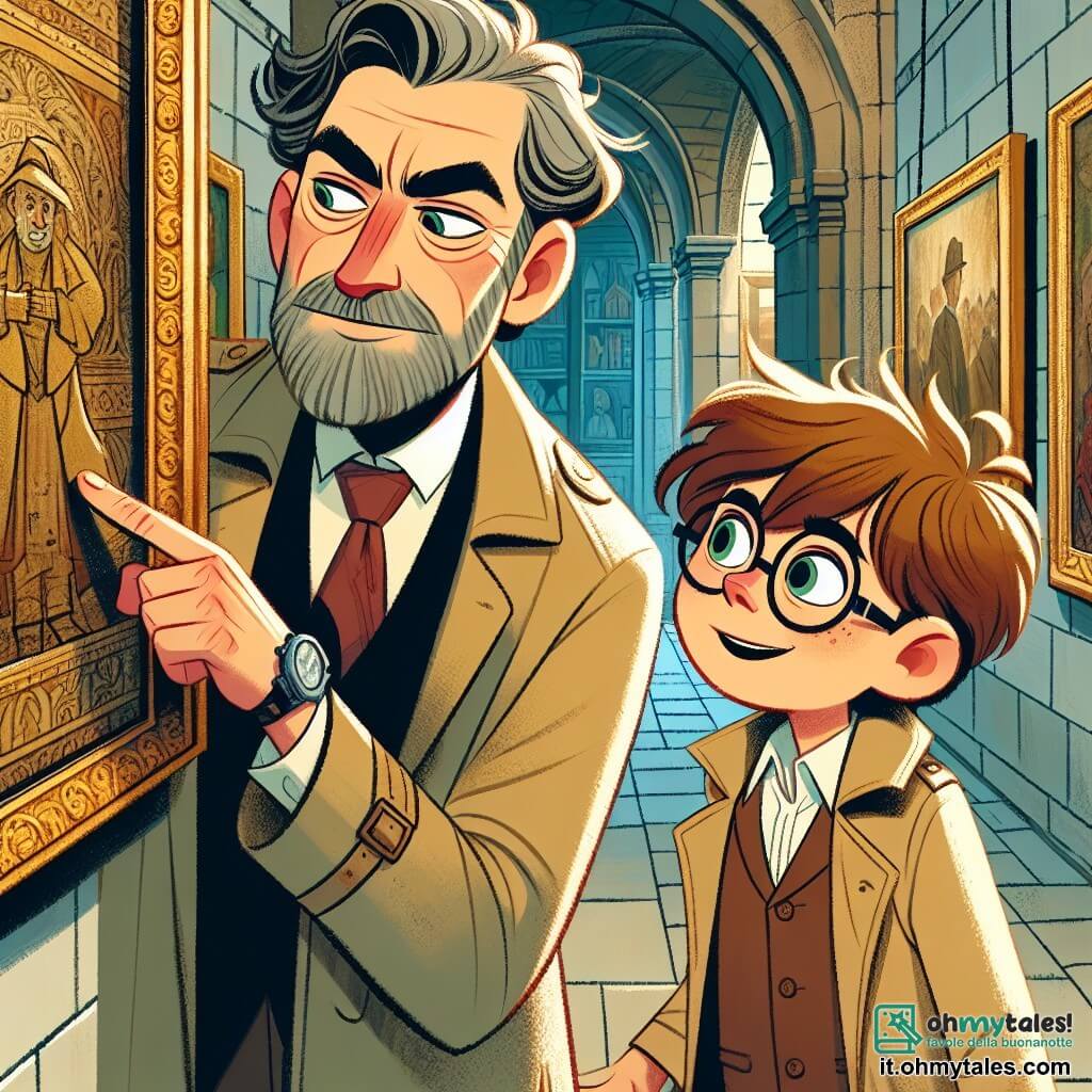 Une illustration sous forme de dessin destinée aux enfants représentant l'intérieur d'un musée ancien avec des murs ornés de tableaux mystérieux, où un homme de milieu d'âge aux cheveux bruns légèrement ébouriffés et aux yeux verts perçants, vêtu d'un trench-coat, examine attentivement un tableau énigmatique, tandis qu'un jeune garçon aux cheveux châtains et aux lunettes, curieux et enthousiaste, l'observe avec fascination, alors qu'ils découvrent ensemble un symbole secret caché derrière le cadre du tableau, évoquant une aventure de détective pleine de mystères à résoudre.