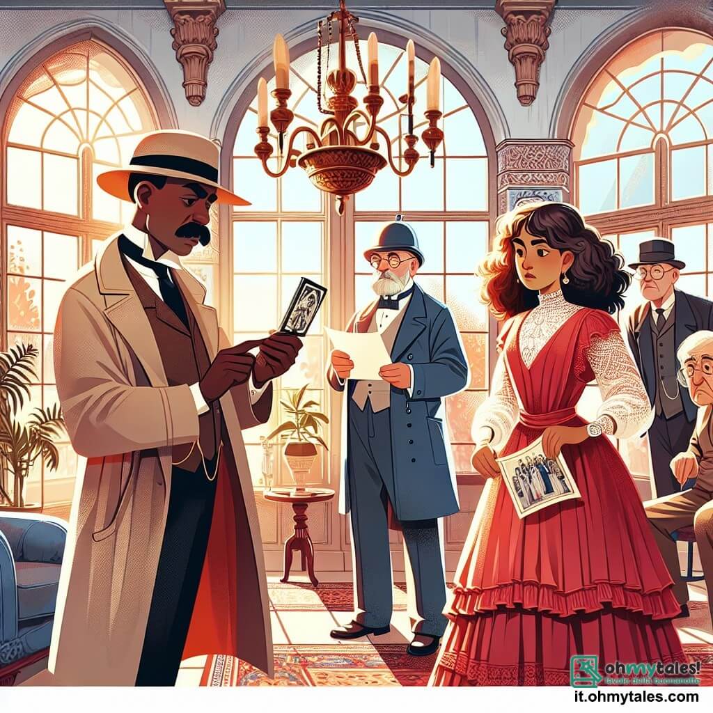 Une illustration sous forme de dessin destinée aux enfants représentant l'intérieur d'une vieille villa au charme mystérieux, avec de grandes fenêtres laissant filtrer une lumière douce, où un homme au chapeau de détective et au manteau long, avec une moustache soignée, examine attentivement une vieille photographie, tandis qu'une femme en robe rouge, au regard énigmatique et aux cheveux ondulés, se tient en retrait, observant la scène avec curiosité, et un vieux maggiordomo, un homme âgé au visage ridé et aux lunettes, s'approche timidement, apportant des souvenirs de la fête d'autrefois, alors qu'ils cherchent ensemble à résoudre le mystère du précieux rubis volé.