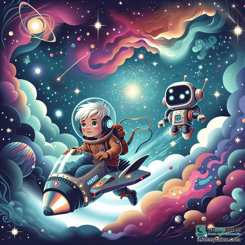 Une illustration destinée aux enfants représentant un courageux explorateur, un jeune garçon, affrontant une tempête spatiale à bord de sa navicelle futuriste, accompagné d'un robot assistant, un petit robot aux yeux lumineux, dans les profondeurs de l'espace, parmi des étoiles scintillantes et des nébuleuses colorées.