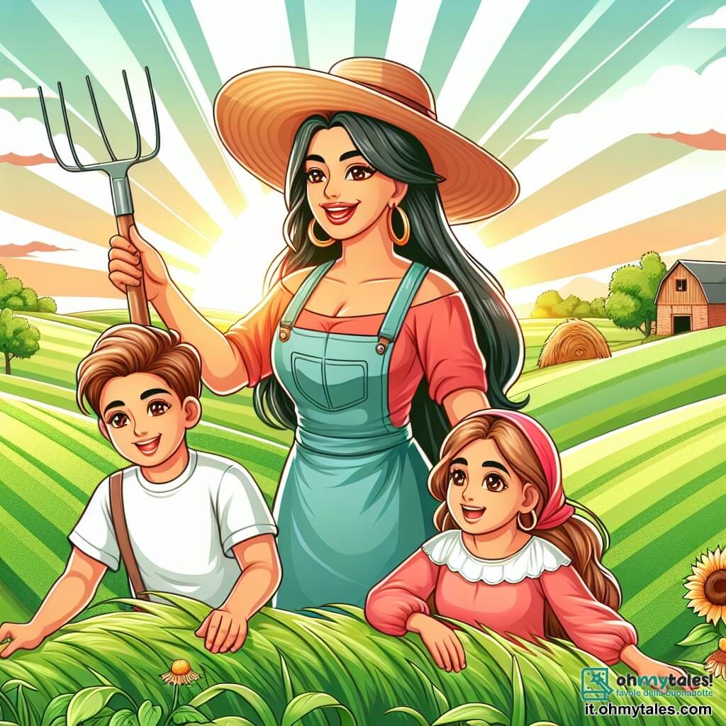 Une illustration destinée aux enfants représentant une agricultrice passionnée travaillant dans sa ferme entourée de champs verdoyants, accompagnée de deux enfants curieux, un garçon et une fille, sur une jolie colline baignée par le soleil levant.