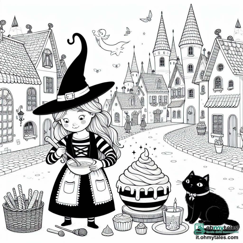 Une illustration destinée aux enfants représentant une jeune sorcière un peu maladroite préparant des douceurs magiques pour une fête enchantée, accompagnée de son fidèle chat noir, dans une ville féerique aux rues pavées de sucreries et aux maisons aux toits en forme de chapeaux pointus.