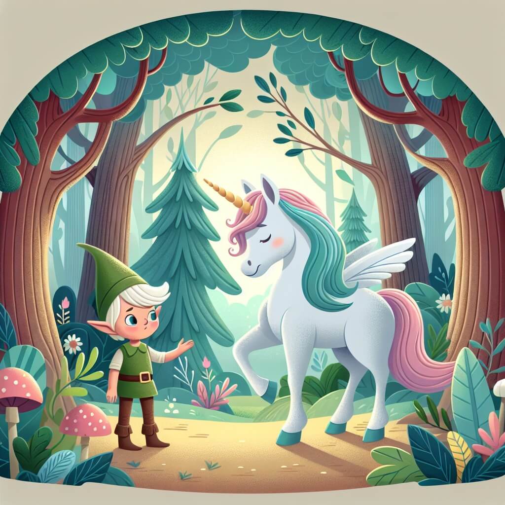 Une illustration destinée aux enfants représentant une licorne majestueuse, perdue dans une forêt enchantée, accompagnée d'un petit elfe, à la recherche de l'amulette magique dans la féerique Terre des Licornes.