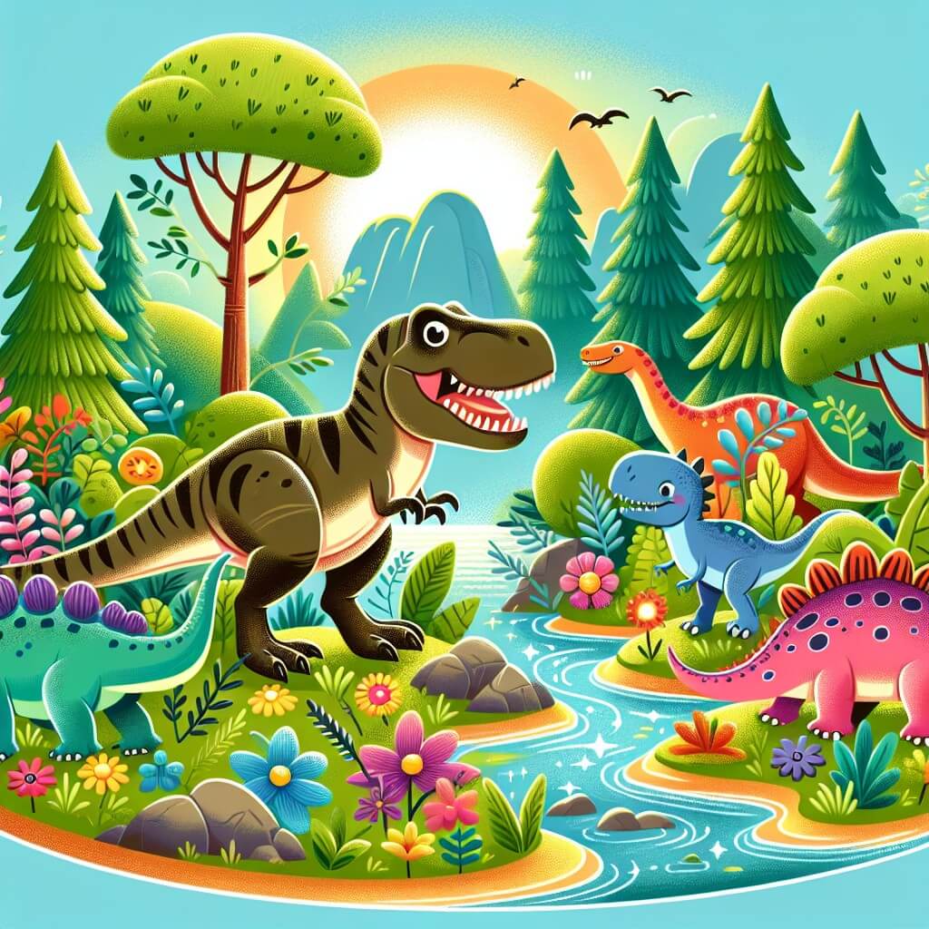 Une illustration destinée aux enfants représentant un Tyrannosaure Rex amical et curieux qui vit des aventures passionnantes avec ses amis dans une forêt luxuriante remplie de plantes colorées, d'arbres majestueux et d'un magnifique ruisseau scintillant.
