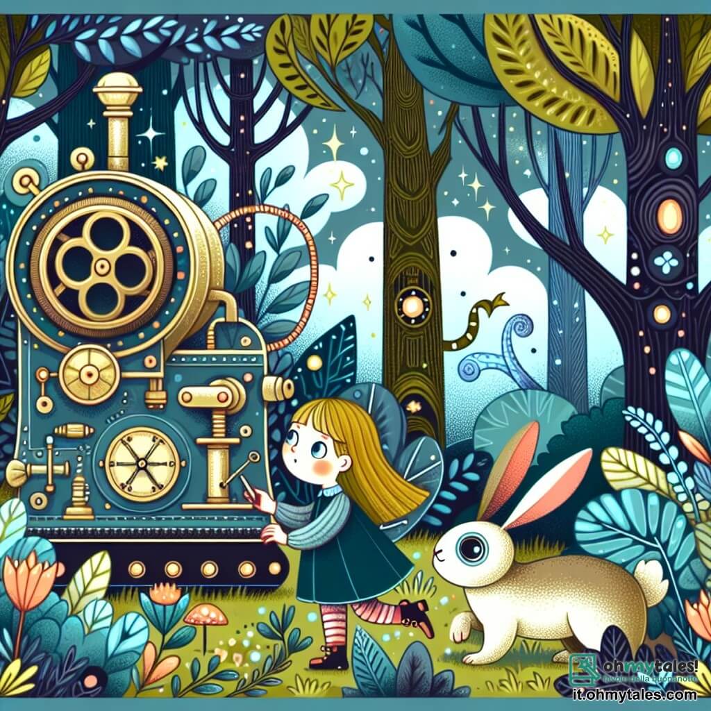 Une illustration destinée aux enfants représentant une petite fille curieuse découvrant un mystérieux macchinario dans son jardin, accompagnée d'une créature étrange mi-coniglio mi-uccello, dans un bosco magico con alberi altissimi e foglie brillanti.
