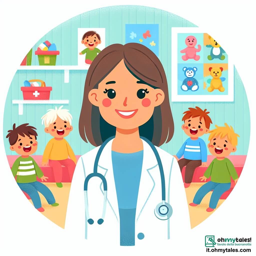 Une illustration destinée aux enfants représentant une femme médecin bienveillante, entourée de sourires joyeux d'enfants, dans son cabinet médical coloré rempli de jouets et de dessins accrochés aux murs, où elle les aide à guérir et à retrouver le bonheur.