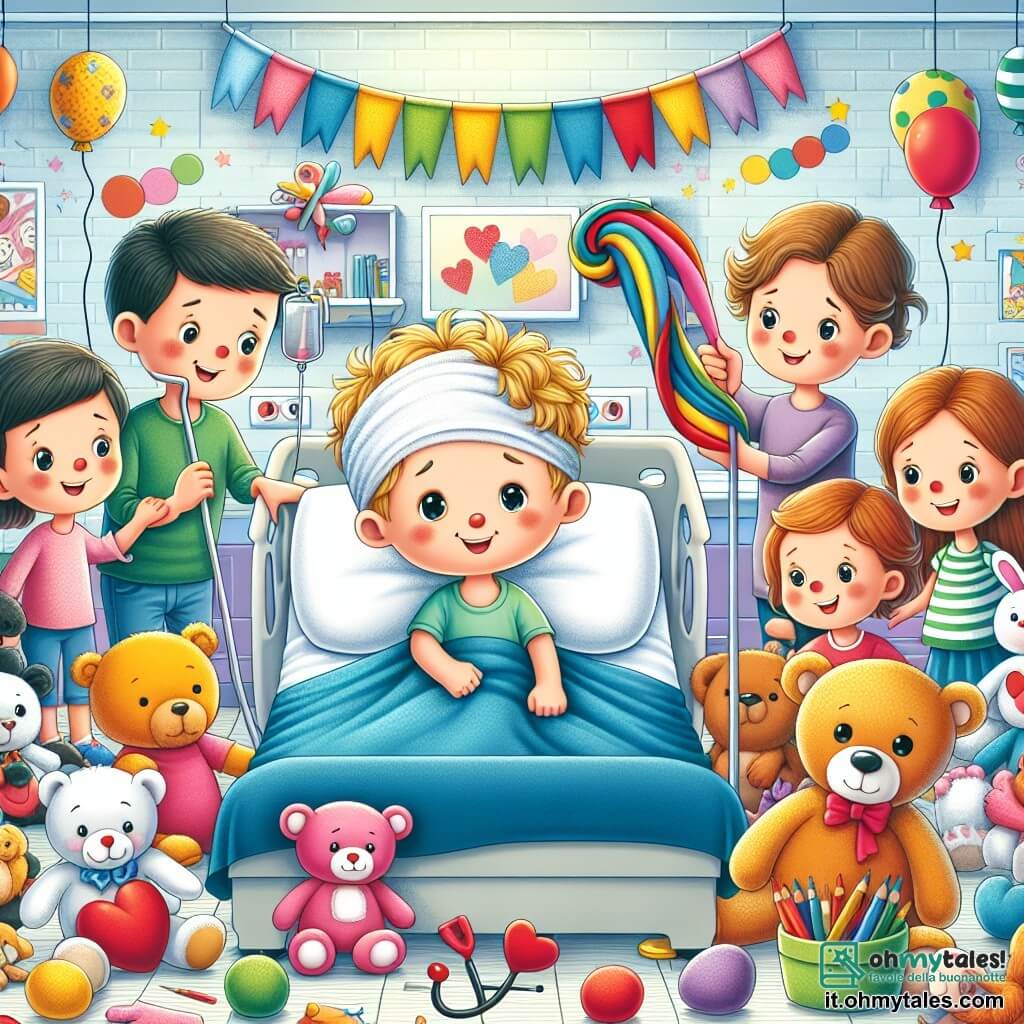 Une illustration destinée aux enfants représentant un petit garçon courageux luttant contre la maladie, entouré de sa famille aimante et de joyeux amis, dans une chambre d'hôpital lumineuse et colorée remplie de peluches et de dessins faits à la main.