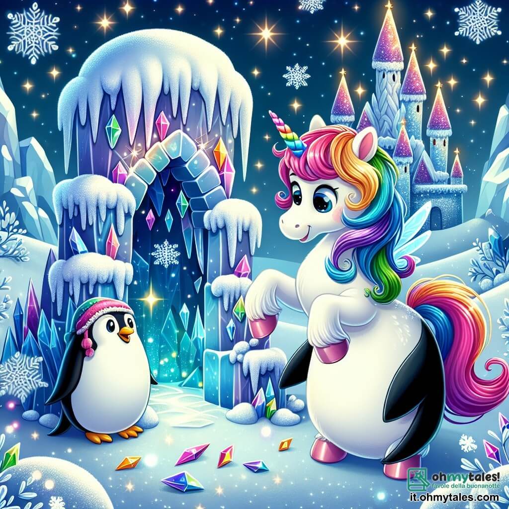 Une illustration destinée aux enfants représentant une licorne fillette aux crins multicolores découvrant une tour de glace enchantée construite par un pingouin facétieux, dans un paysage hivernal scintillant de cristaux de neige et de lumières magiques.