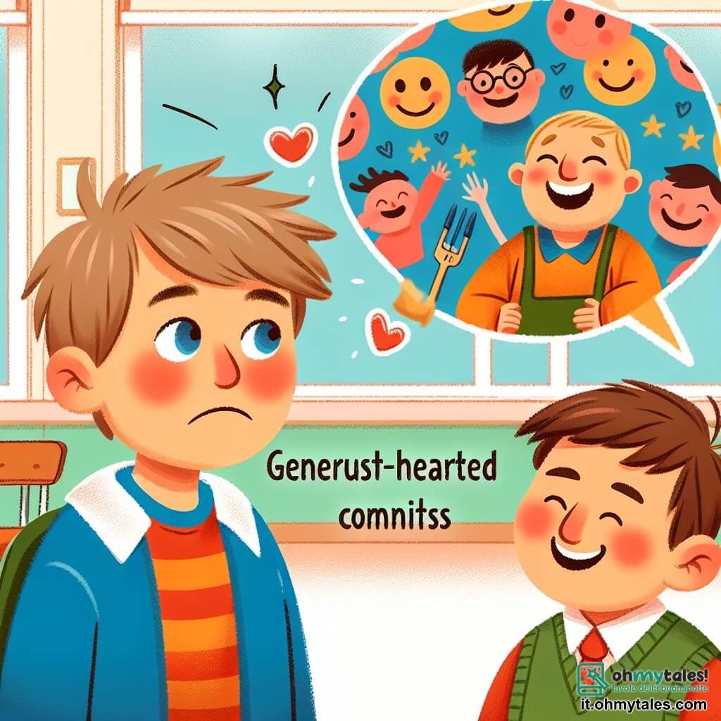 Une illustration destinée aux enfants représentant un garçon au cœur généreux confronté à des commentaires razzisti, accompagné d'un nouvel ami au sourire contagieux, dans une salle de classe colorée et pleine de diversité.