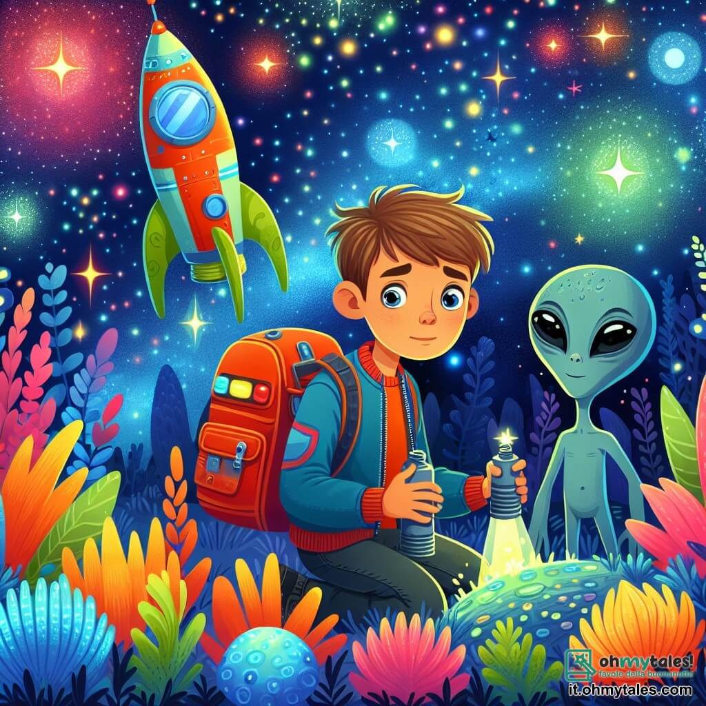Une illustration destinée aux enfants représentant un jeune homme courageux, perdu sur un monde alien aux couleurs vives et aux plantes lumineuses, avec un amical extraterrestre à ses côtés, tentant de réparer sa navette spatiale endommagée pour sauver l'humanité de la crise énergétique, dans un univers de galaxies scintillantes.
