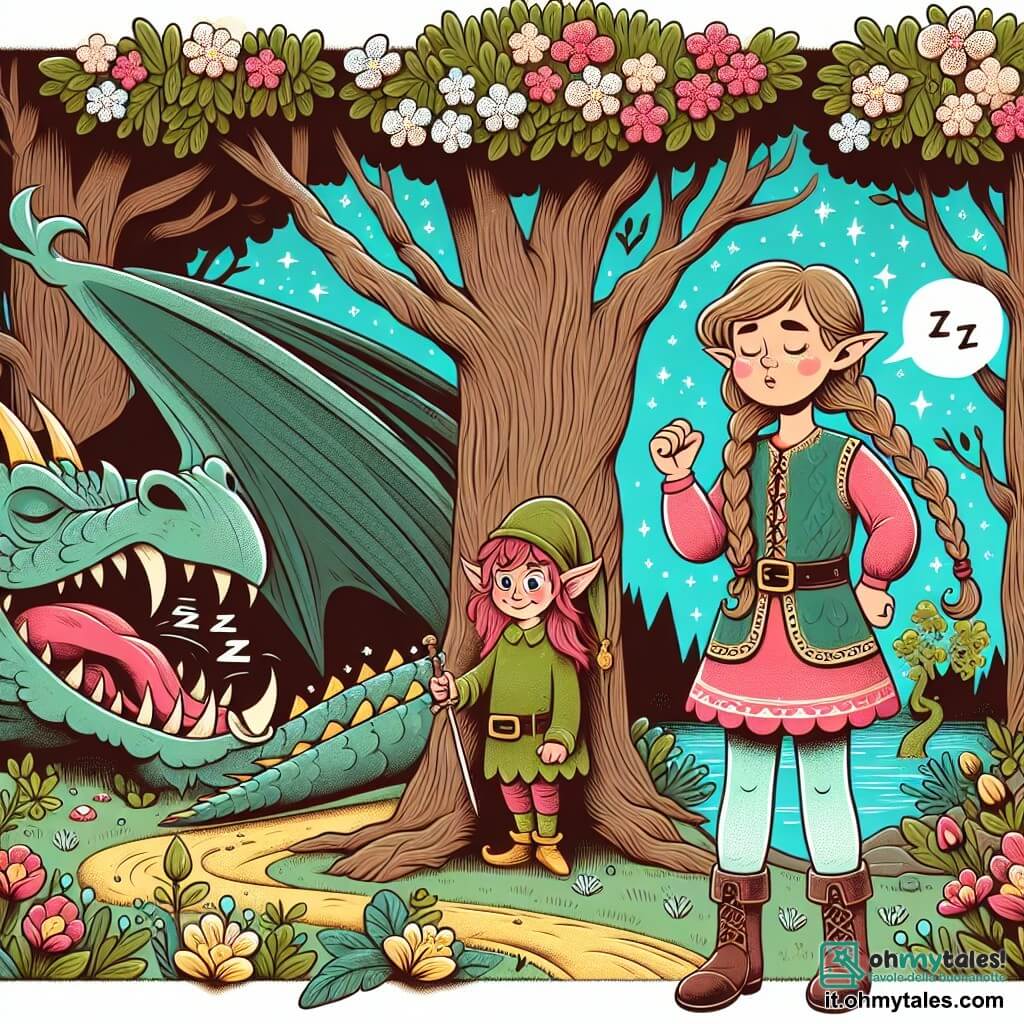 Une illustration destinée aux enfants représentant une jeune fille intrépide se tenant face à un dragon ronflant, avec un petit lutin espiègle caché derrière un arbre en fleurs dans la clairière enchantée du Bosco Incantato.