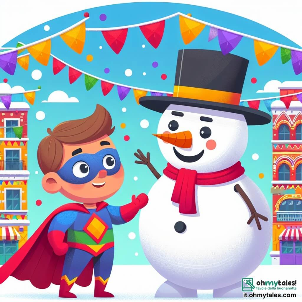 Une illustration destinée aux enfants représentant un jeune garçon plein d'énergie, vêtu d'un costume de super-héros, qui rencontre un pupazzo di neve géant nommé Olaf lors d'une vibrante célébration de carnaval dans une ville décorée de bandierines multicolores.