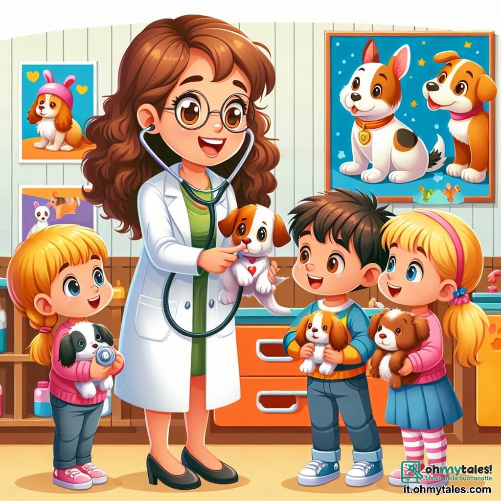 Une illustration sous forme de dessin destinée aux enfants représentant un centre vétérinaire coloré et accueillant, avec des murs ornés de posters d'animaux, où une femme vétérinaire aux cheveux bruns et bouclés, portant une blouse blanche et un sourire chaleureux, écoute le cœur d'un peluche de chien avec un stéthoscope, tandis qu'un groupe de quatre enfants, deux filles aux cheveux blonds et un garçon aux cheveux bruns, s'approche avec curiosité, tenant des modèles d'animaux en jouet, dans une ambiance joyeuse et éducative.