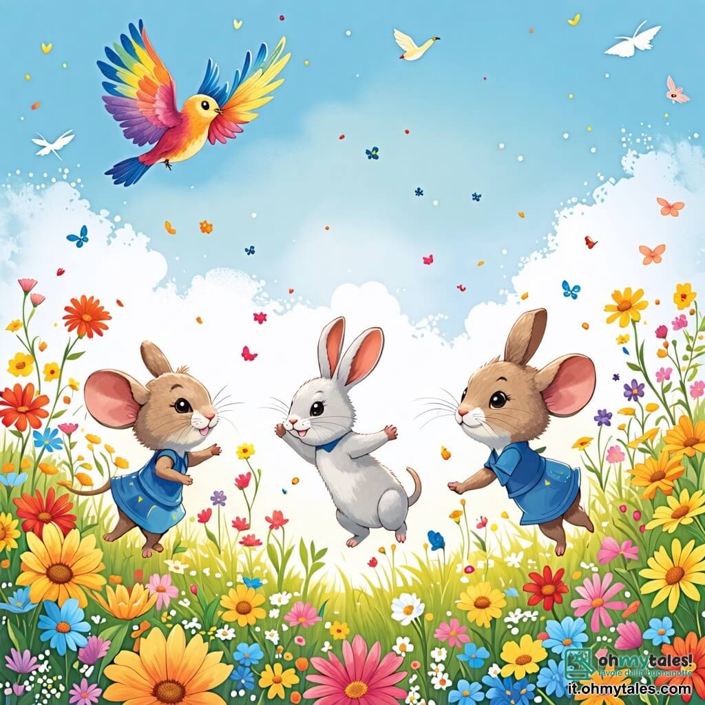 Une illustration sous forme de dessin destinée aux enfants représentant un champ vibrant de fleurs colorées sous un ciel bleu clair, avec une petite souris aux grandes oreilles et aux yeux pétillants qui danse joyeusement au milieu des fleurs, accompagnée d'un coniglio aux pelage blanc et aux grandes pattes qui saute autour d'elle, ainsi qu'un oiseau aux plumes multicolores qui vole en cercle au-dessus d'eux, tous trois partageant un moment de joie et d'amitié en découvrant la beauté de la nature.