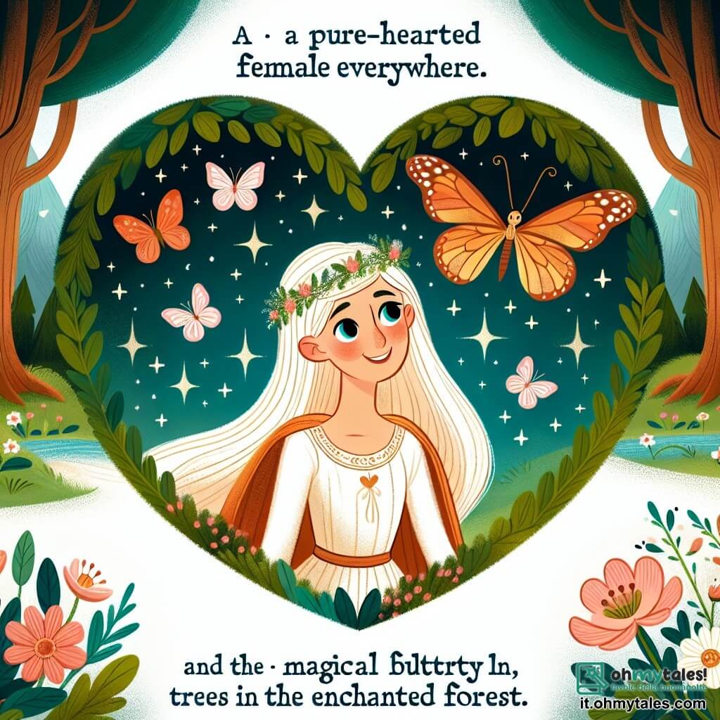 Une illustration destinée aux enfants représentant une jeune femme au cœur pur, une farfalla magique, une radura fiorita circondata da alberi maestosi nella Foresta Incantata.