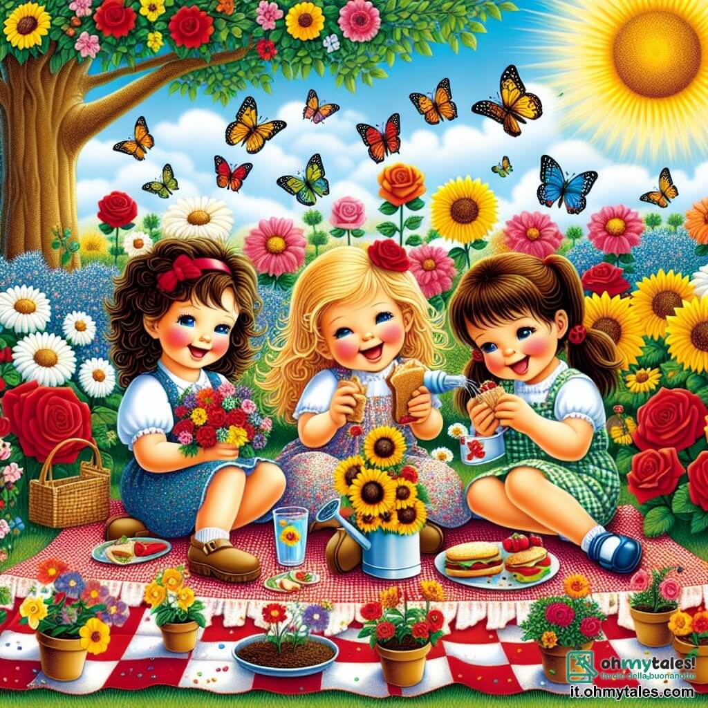 Illustrazione che rappresenta un giardino incantevole in estate, pieno di fiori colorati come rose rosse, girasoli gialli e margherite bianche. Al centro, tre ragazze di circa 8 anni sono sedute su una grande coperta a quadri rossi e bianchi. La prima ragazza, con capelli castani e ricci, sorride felicemente mentre tiene un mazzo di fiori tra le mani. La seconda, con capelli biondi e lisci, ride mentre condivide un panino, mentre la terza, con capelli castani legati in una coda di cavallo, versa dell'acqua da un piccolo annaffiatoio su semi piantati nel terreno. Intorno a loro, farfalle colorate volano e un grande albero offre ombra, creando un'atmosfera gioiosa e estiva. Sullo sfondo, il cielo è di un blu splendente e il sole brilla, aggiungendo un tocco di calore a questa scena di felicità e amicizia.