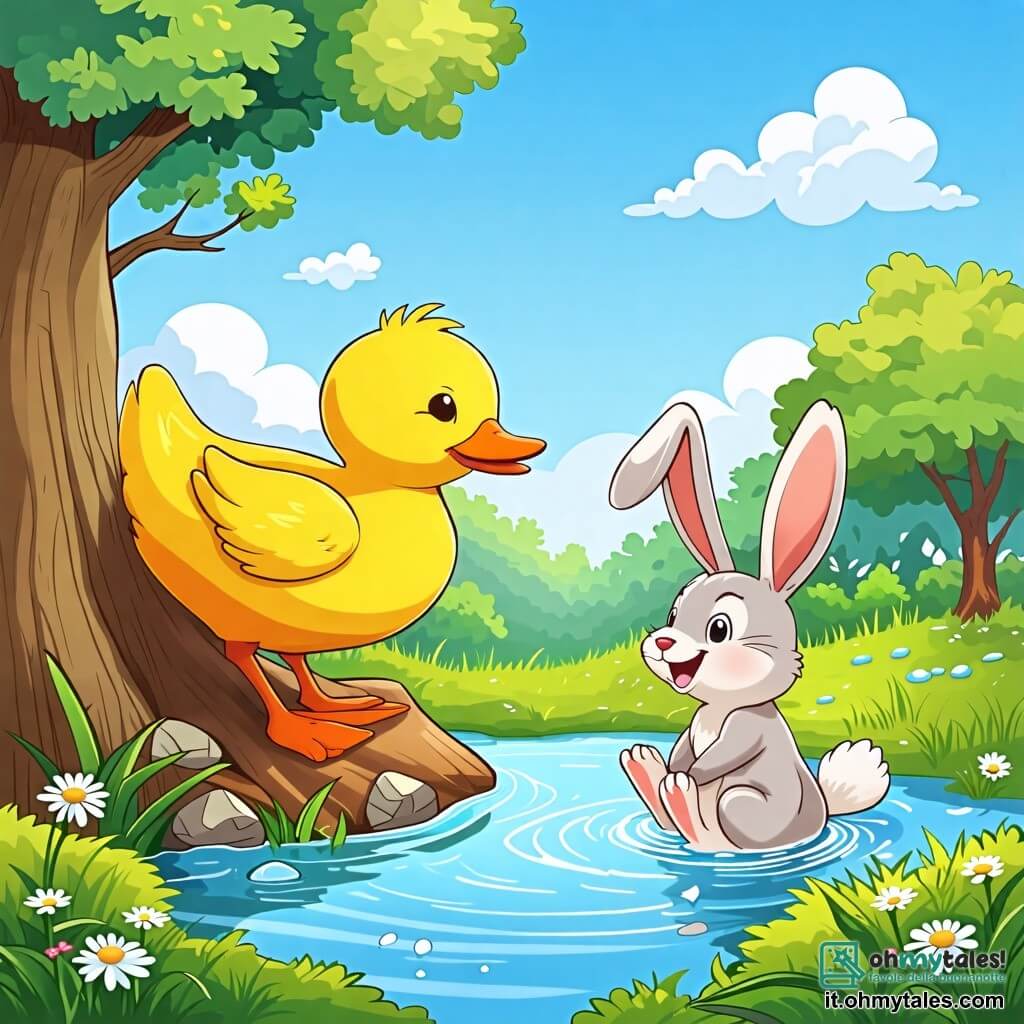 Une illustration sous forme de dessin destinée aux enfants représentant un paisible étang entouré de verdure, où un canard aux plumes jaunes éclatantes, avec un air déterminé, se prépare à sauter d'un tronc d'arbre, tandis qu'un petit lapin aux grandes oreilles, assis sur l'herbe, rit joyeusement en le regardant, le tout sous un ciel bleu parsemé de nuages blancs, capturant l'instant amusant où le canard, bien qu'il ne puisse pas voler, tente de réaliser un grand saut dans l'eau.