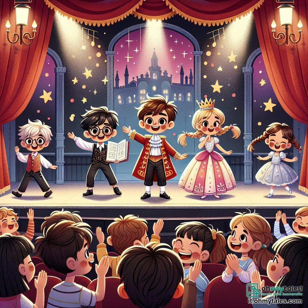 Illustrazione che rappresenta una scena vibrante e gioiosa su un palcoscenico scolastico. Lo sfondo è colorato, con tende rosse e luci scintillanti che illuminano i volti dei bambini. Al centro, un ragazzo di circa 10 anni, con capelli castani disordinati e un ampio sorriso, indossa un costume da principe, tenendo un libro tra le mani, pronto a recitare con entusiasmo. Accanto a lui, una ragazza di 9 anni, con capelli biondi intrecciati e un vestito scintillante, danza con grazia, le braccia alzate e un sorriso radioso, mostrando la sua ritrovata fiducia. Sullo sfondo, un altro ragazzo di circa 10 anni, con occhiali e capelli neri, canta con energia, le mani in alto, catturando l'attenzione del pubblico. Gli spettatori, composti da genitori e amici, applaudono con gioia, creando un'atmosfera di sostegno e incoraggiamento. Stelle e note musicali fluttuano intorno a loro, simboleggiando la magia della performance e la fiducia in sé.