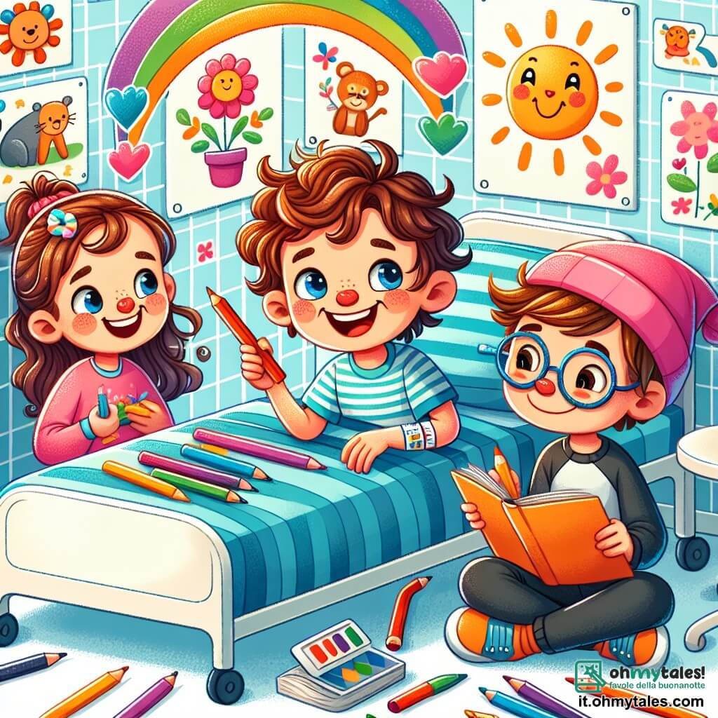 Une illustration sous forme de dessin destinée aux enfants représentant une chambre d'hôpital colorée et accueillante, avec des murs ornés de dessins d'animaux et de fleurs, où un garçon de 3 ans aux cheveux bouclés et aux yeux bleus, assis sur un lit avec des draps rayés, sourit joyeusement en tenant des crayons de couleur, tandis qu'une fille aux cheveux longs et au chapeau rose, dessinant à côté de lui, et un garçon aux lunettes rondes, feuilletant un livre, partagent un moment de rires et de complicité, illustrant la force de l'amitié face à la maladie.