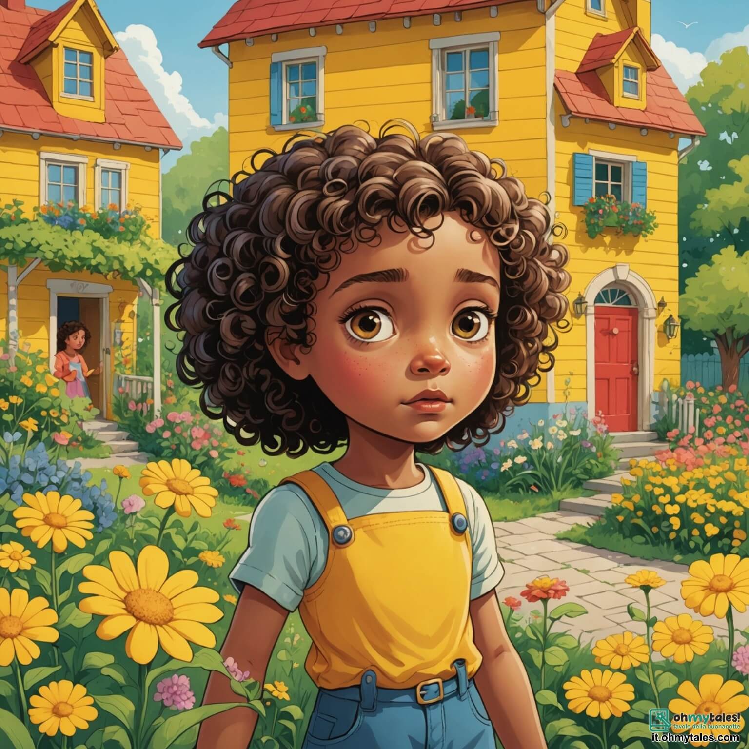 Une illustration destinée aux enfants représentant une petite fille aux cheveux bouclés et aux yeux pétillants, perdue dans ses pensées alors qu'elle observe le jardin coloré de sa maison jaune, où les fleurs dansent au gré du vent, tandis que ses parents, un homme et une femme, se disputent à l'intérieur, créant une atmosphère de tension qui contraste avec la beauté du lieu, et un garçon de son âge, son nouvel ami, qui l'invite à jouer dans le parc voisin, rempli d'arbres majestueux et de rires d'enfants.