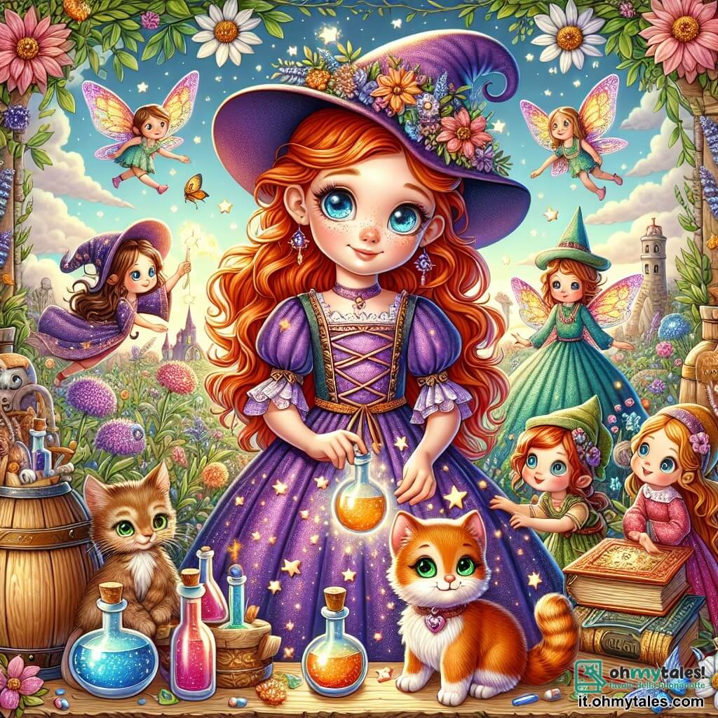 Une illustration destinée aux enfants représentant une apprentie sorcière aux cheveux flamboyants et aux yeux pétillants de curiosité, vêtue d'une robe violette ornée d'étoiles scintillantes, se tenant au milieu d'un jardin enchanté où les fleurs dansent au rythme d'une douce mélodie, entourée de barils de potions colorées et de livres anciens aux pages jaunies, tandis qu'un petit gattino magique à la fourrure éclatante et aux yeux malicieux, ainsi qu'un groupe de fées aux ailes iridescentes et aux rires cristallins, l'encouragent à retrouver une précieuse collane de étoiles volée par un farceur farfadet, le tout sous un ciel azur parsemé de nuages cotonneux et illuminé par le doux éclat du soleil couchant.