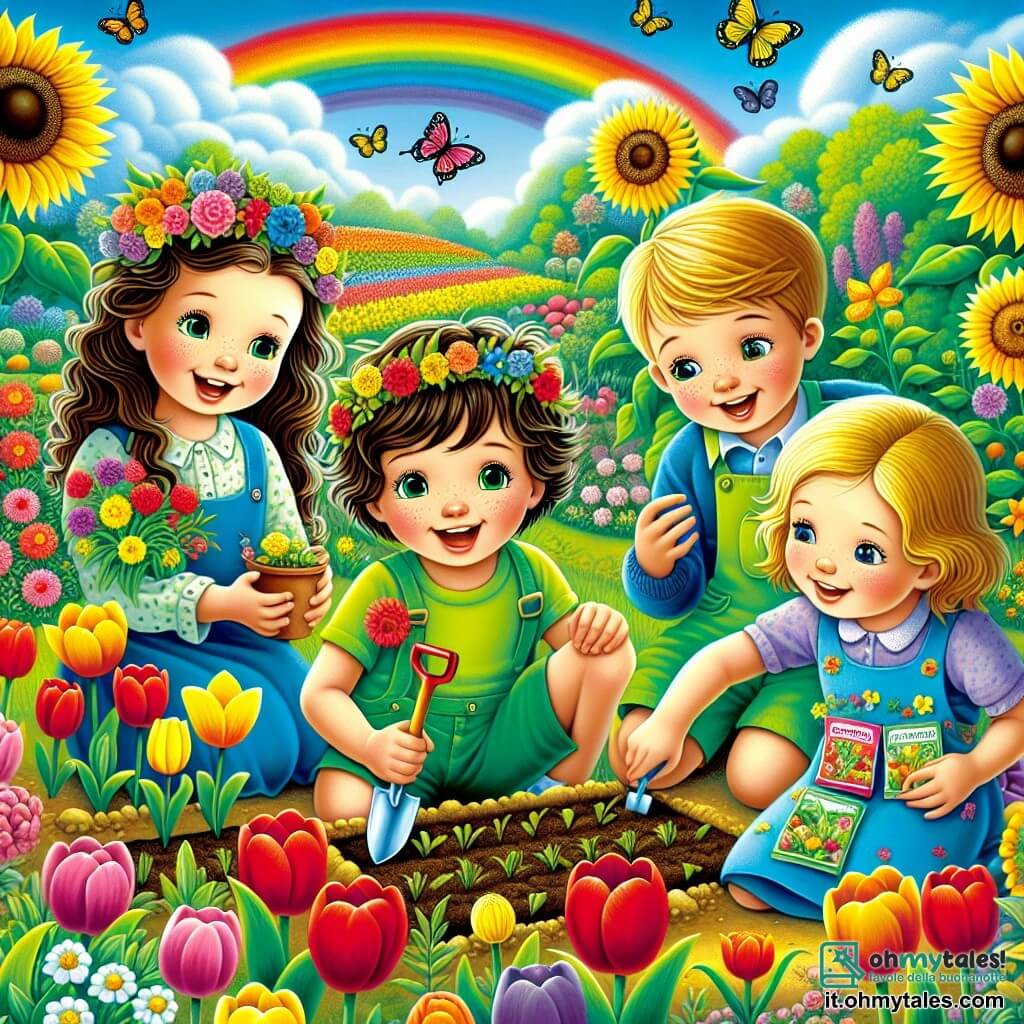 Illustrazione che rappresenta un giardino colorato in piena fioritura, con fiori vivaci di tutti i colori: tulipani rossi, narcisi gialli e girasoli che si ergono orgogliosamente verso il cielo blu. Al centro, un gruppo di quattro bambini è riunito attorno a un piccolo orto. C'è un ragazzo di otto anni, con capelli castani e occhi vivaci, che indossa una maglietta verde e un pantaloncino. Sta piantando semi con entusiasmo. Accanto a lui, una ragazza della stessa età, con capelli ricci e una corona di fiori in testa, sorride tenendo una piccola pala. Un altro ragazzo, anch'esso di otto anni, è in sedia a rotelle, con un grande sorriso sul volto, mentre tiene dei sacchetti di semi di papavero. Infine, una ragazza con capelli lunghi e lisci, vestita con un abito colorato, osserva il cielo con meraviglia. La scena mostra i bambini che lavorano insieme con gioia, ridendo e condividendo storie, mentre un arcobaleno luminoso appare sullo sfondo, aggiungendo un tocco di magia a questo momento primaverile. Farfalle colorate volano intorno a loro e gli uccelli cantano sugli alberi, creando un'atmosfera gioiosa e vivace.