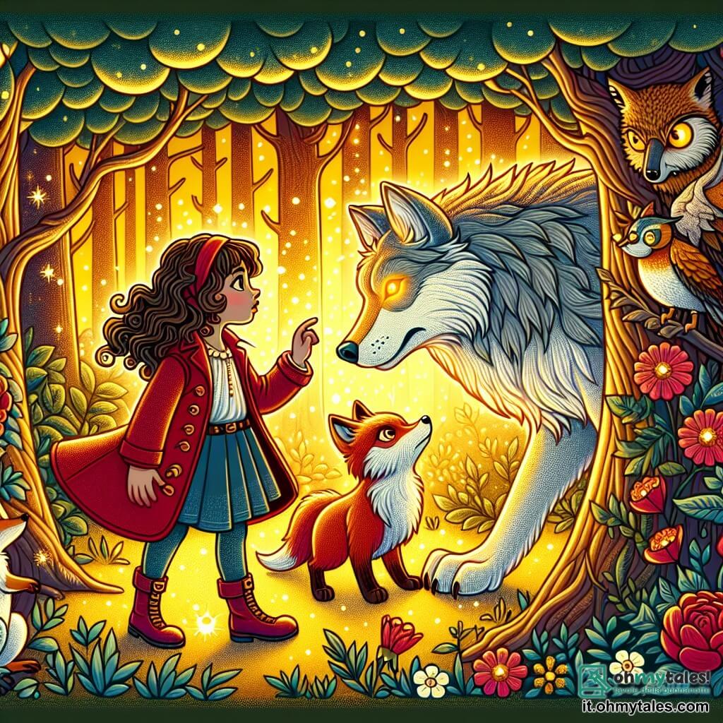 Une illustration sous forme de dessin destinée aux enfants représentant une clairière enchantée, baignée de lumière dorée, où une fille de 9 ans aux cheveux bouclés et au manteau rouge se tient courageusement devant un grand loup majestueux aux yeux jaunes brillants, tandis que des animaux du bois, comme un renard rusé et un hibou sage, les observent avec curiosité, capturant l'instant où la fille tente de prouver que le loup n'est pas un monstre, mais un ami, entourés de fleurs colorées et d'arbres aux feuilles scintillantes.