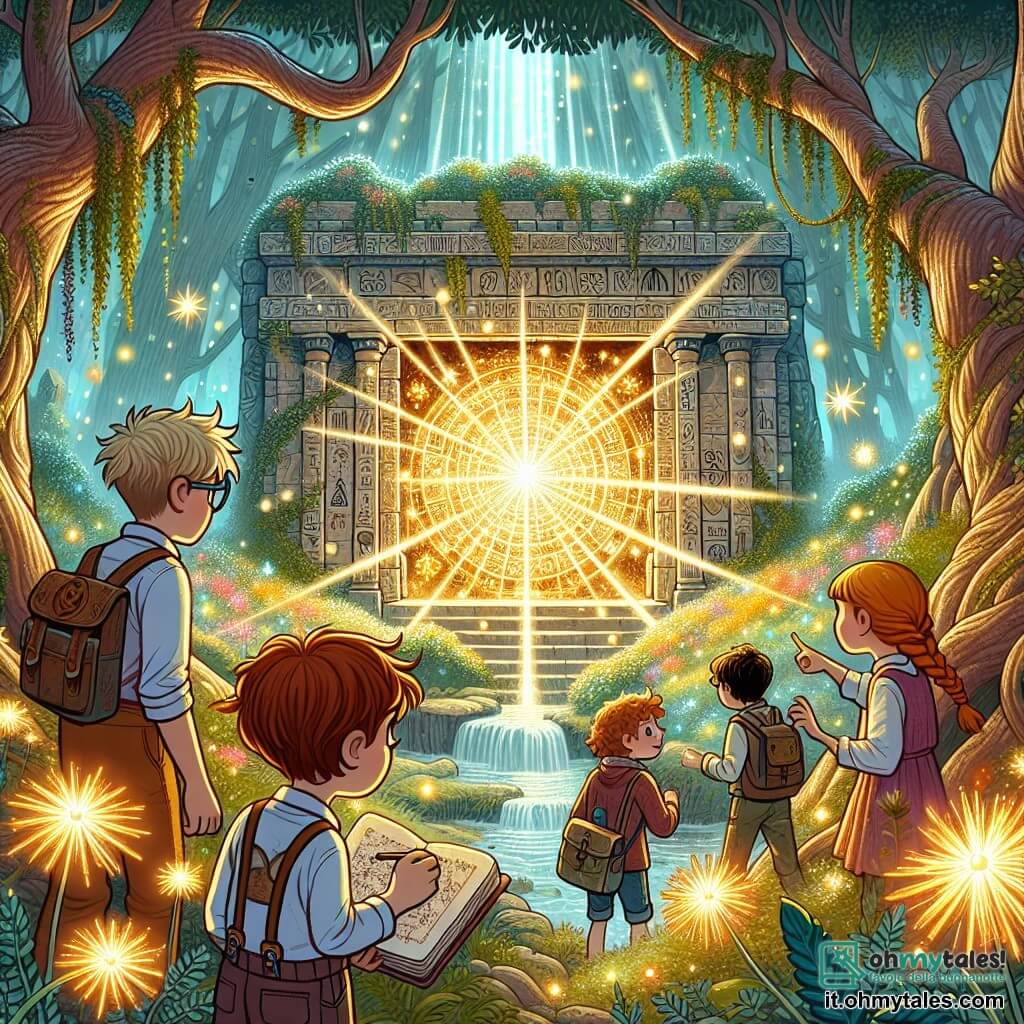 Illustrazione che rappresenta un antico tempio nascosto nel cuore di una foresta incantata. Gli alberi maestosi, con tronchi spessi e foglie scintillanti, formano una cupola naturale, filtrando raggi di luce dorata. Fiori luminescenti dai colori vivaci punteggiano il terreno, mentre un ruscello cristallino serpeggia attraverso il paesaggio, creando un'atmosfera magica. Al centro della scena, un ragazzo di nove anni, con capelli castani arruffati e occhi brillanti di curiosità, si trova davanti a un grande portale di luce, con un'espressione di meraviglia sul volto. Accanto a lui, una ragazza di nove anni, con capelli biondi intrecciati e un sorriso determinato, osserva attentamente i simboli misteriosi sul portale. Un altro ragazzo, anch'esso di nove anni, con occhiali e capelli castani, prende appunti su un piccolo quaderno, mentre una ragazza, con capelli rossi e lentiggini, indica un simbolo luminoso, emozionata per la scoperta. La scena principale mostra i bambini intenti a risolvere un enigma magico per aprire il portale, circondati da un'aura di mistero e avventura. Lampi di luce emanano dal portale, illuminando i loro volti, mentre creature fantastiche, come piccoli cerbiatti e uccelli colorati, li osservano curiosi dai cespugli.