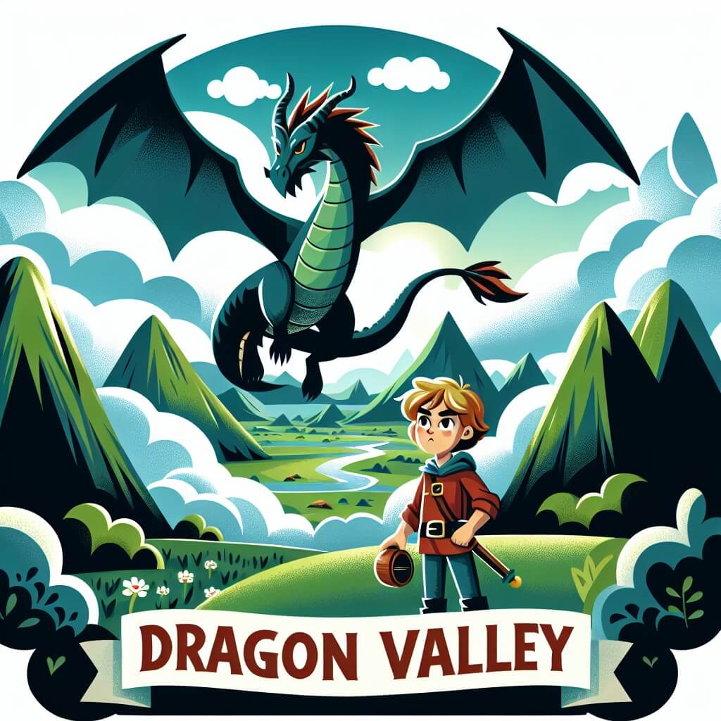 Une illustration destinée aux enfants représentant un dragon majestueux, volant au-dessus d'une vallée verdoyante, accompagné d'un jeune aventurier courageux, dans la mystérieuse Vallée des Dragons.