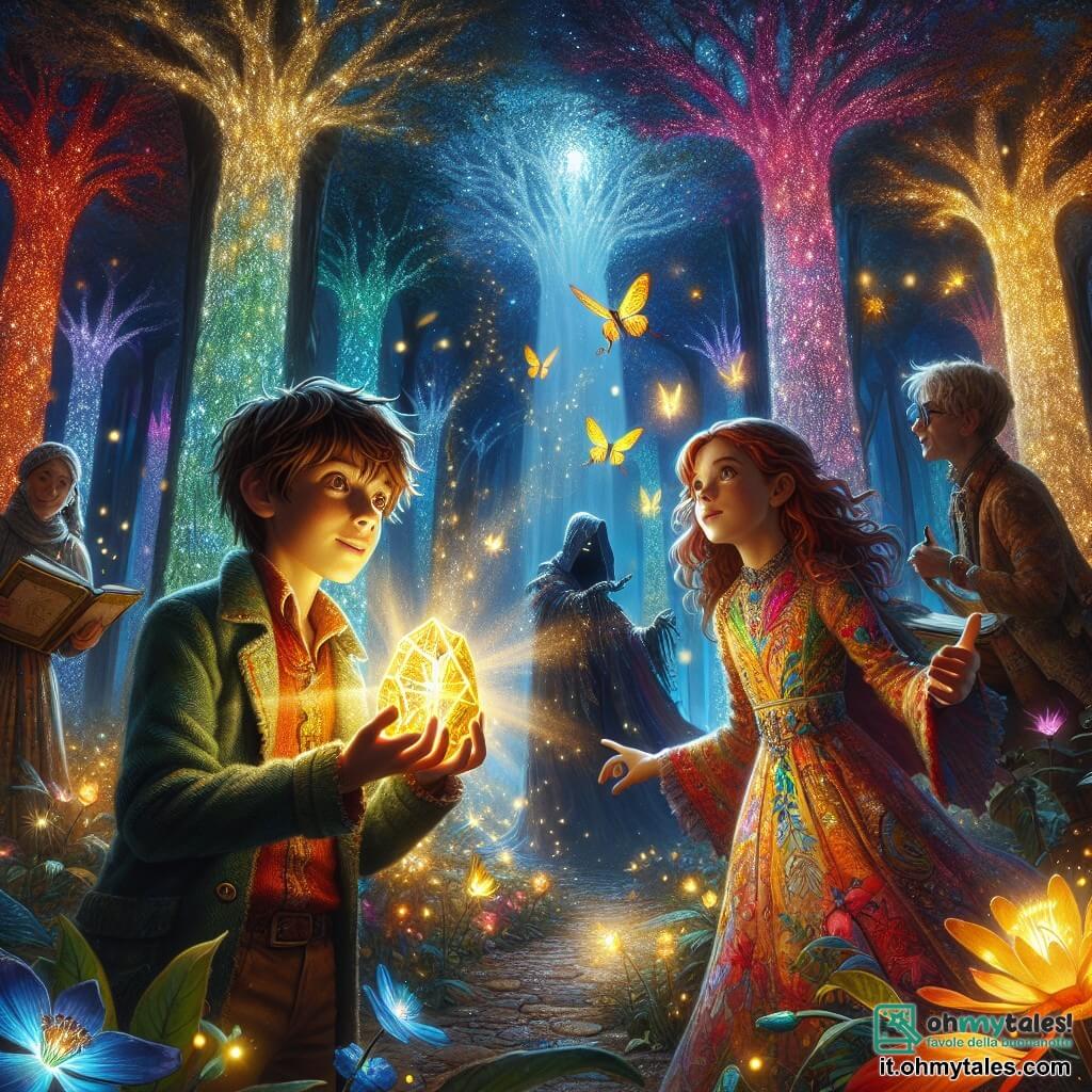Illustrazione che rappresenta una scena vibrante nella Foresta dei Sogni, un luogo magico dove gli alberi dai tronchi colorati si ergono verso un cielo stellato, illuminato da lucciole danzanti. Le foglie brillano come diamanti e fiori luminescenti emettono una dolce luce, creando un'atmosfera fiabesca. Al centro dell'immagine, un ragazzo di dodici anni, con i capelli castani arruffati e gli occhi scintillanti di curiosità, tiene un Cristallo di Luce brillante nelle mani, emettendo raggi di luce dorata. Accanto a lui, una ragazza di dodici anni, con lunghi capelli ondulati color castano ramato, indossa un vestito colorato decorato con motivi floreali e guarda con meraviglia il cristallo. Un altro ragazzo, con occhiali tondi e capelli biondi, osserva attentamente una mappa magica, pronto a guidare i suoi amici in questa avventura. Sullo sfondo, una silhouette scura, l'Ombra, si profila avvolta in una nebbia minacciosa, mentre creature fantastiche, come uccelli dalle piume multicolori, volano intorno a loro, aggiungendo un tocco di magia alla scena. L'atmosfera è sia emozionante che misteriosa, catturando l'essenza dell'avventura e della fantascienza.