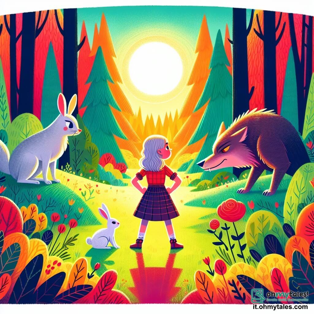 Une illustration destinée aux enfants représentant une fillette intrépide se tenant face à un grand méchant loup, accompagnée d'un petit lapin blanc, dans une clairière ensoleillée et colorée du bord du bois enchanté.