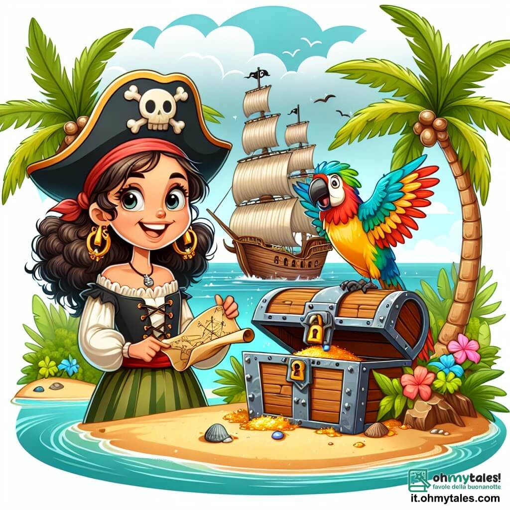 Une illustration sous forme de dessin destinée aux enfants représentant une vieille nave de pirates ancrée sur une île tropicale aux palmiers verdoyants, avec une femme pirate courageuse aux cheveux bouclés et sombres, souriante, tenant une carte au trésor, tandis qu'un pappagallo coloré, volant autour d'elle, semble excité par l'aventure, alors qu'ils découvrent ensemble un mystérieux coffre en bois orné d'un cadenas doré, symbolisant leur quête de trésor et d'amitié au cœur de l'océan.